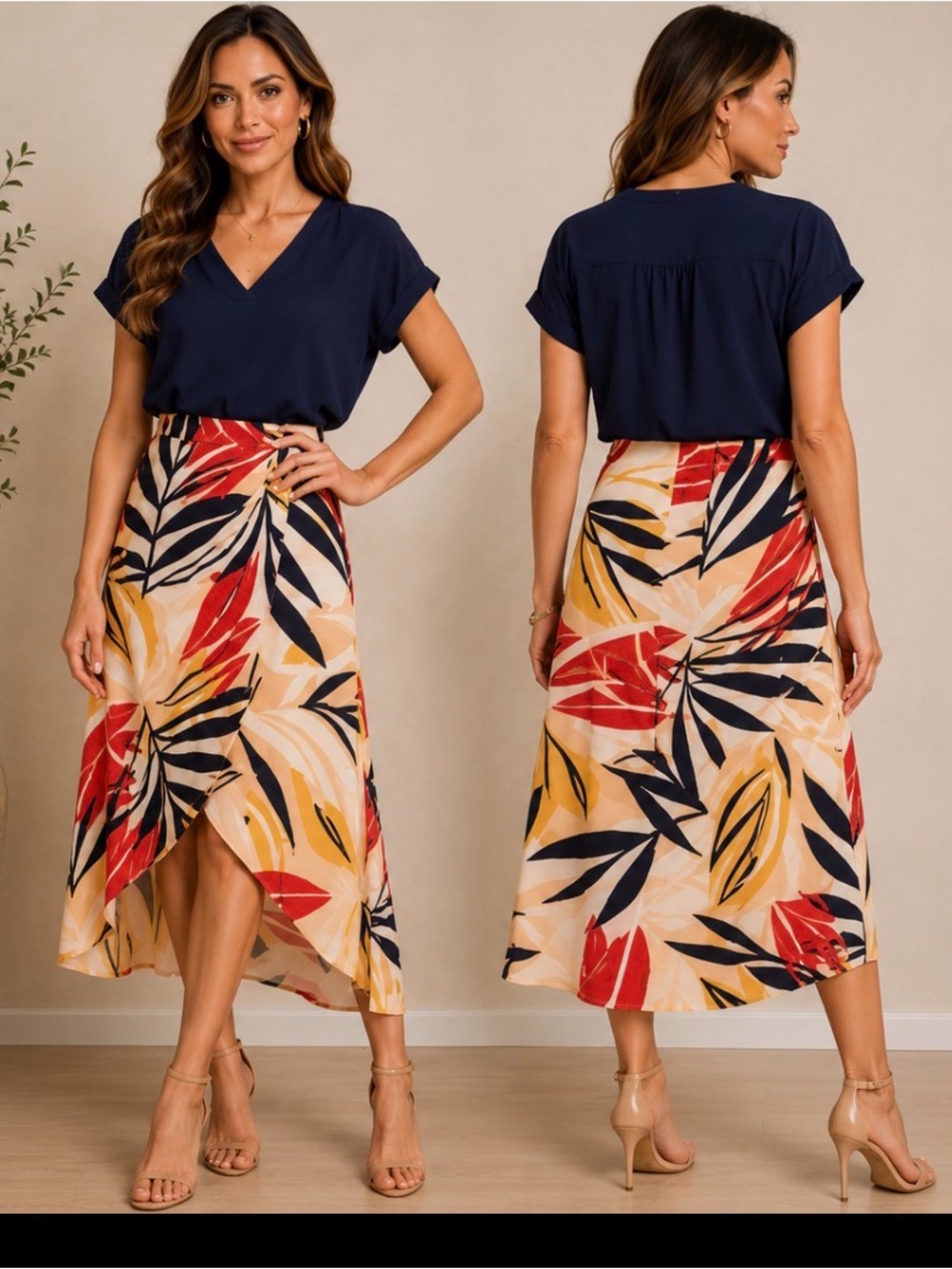 NICOLA Navy, Red & Mustard Tropical Wrap Midi Skirt